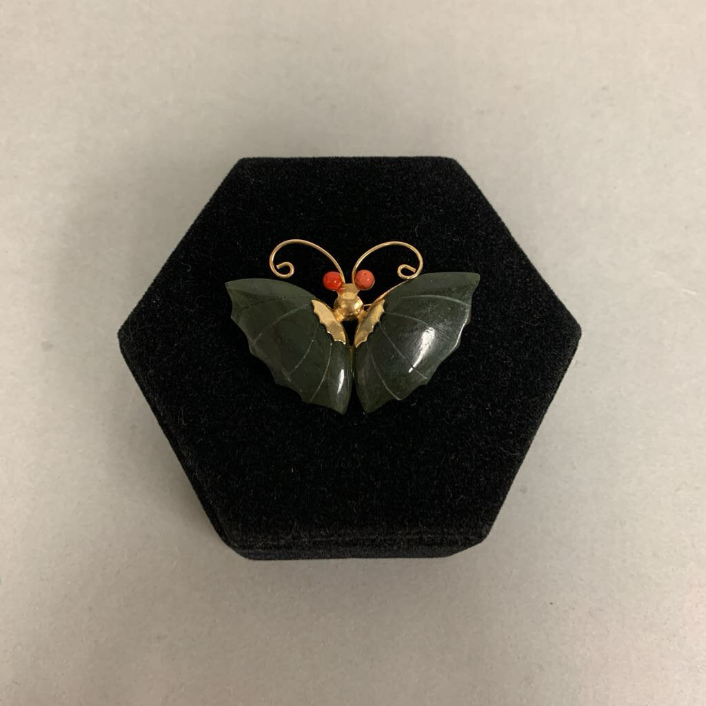 Vintage Carved Nephrite Jade Butterfly Moth Brooch Pin (2