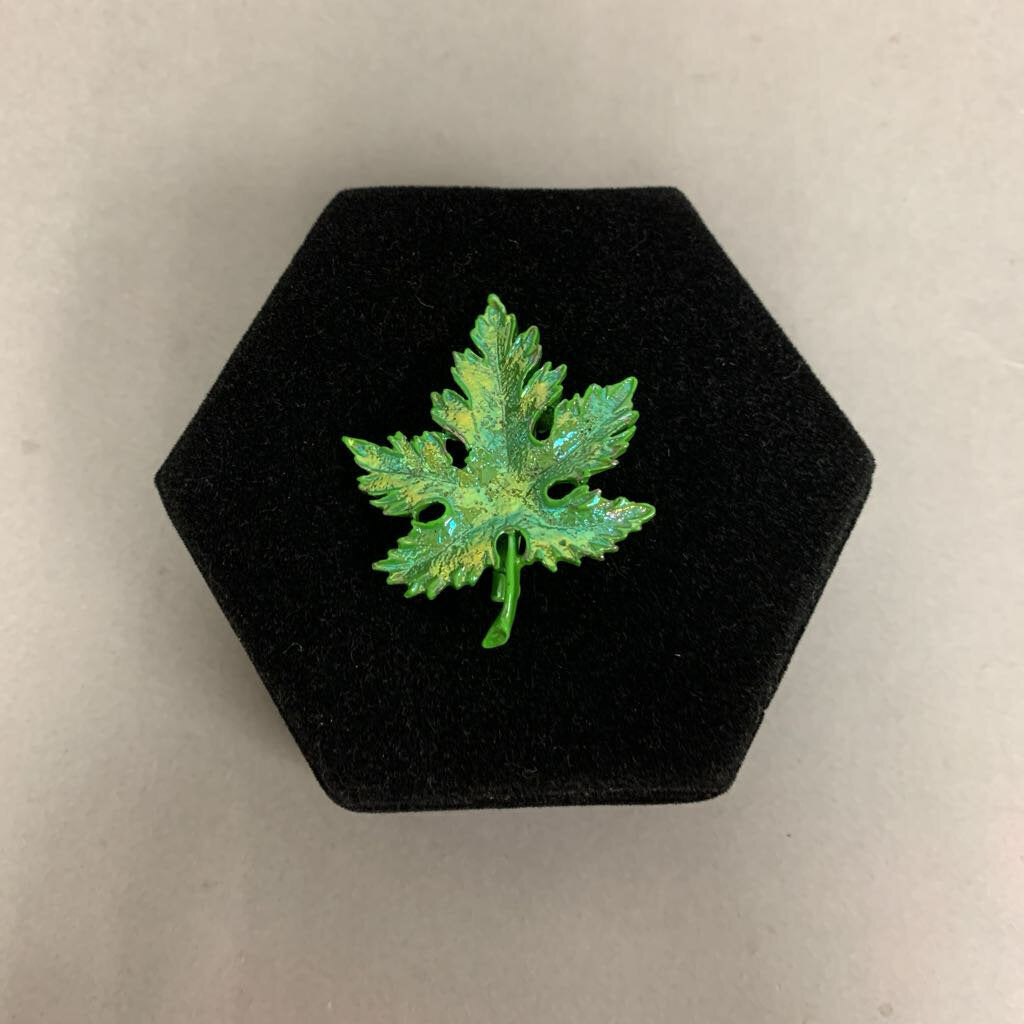 Vintage Iridescent Green Enamel Leaf Brooch Pin (2