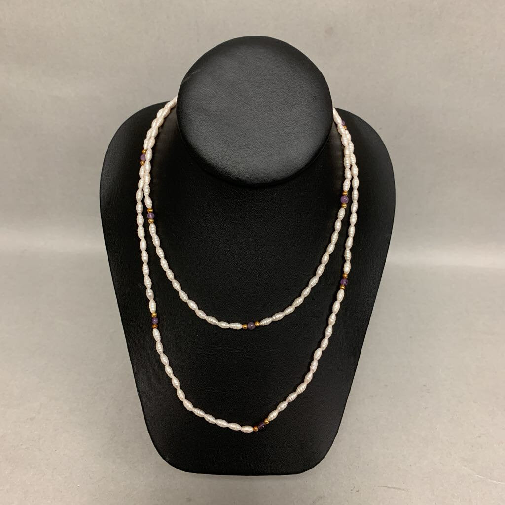 Vintage Freshwater Pearl Amethyst Gold Beaded Necklace (34