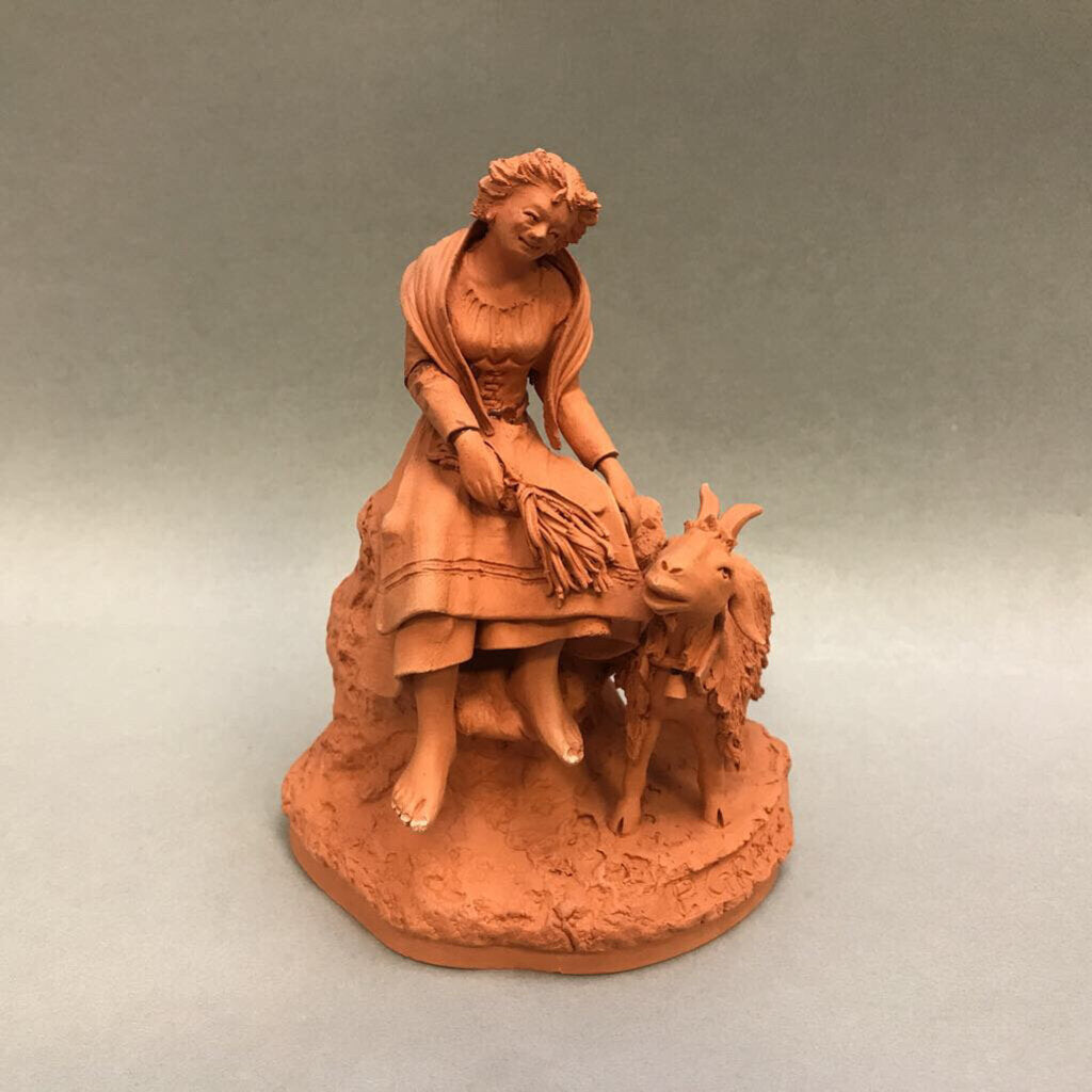 P. Grasso Terracotta Figuine - Woman with Ram (~5.5