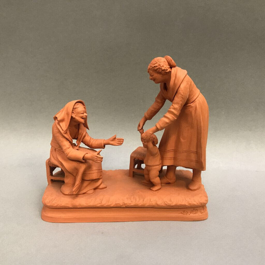 P. Grasso Terracotta Figurine - Child Learning to Walk w/ Parents (5.5