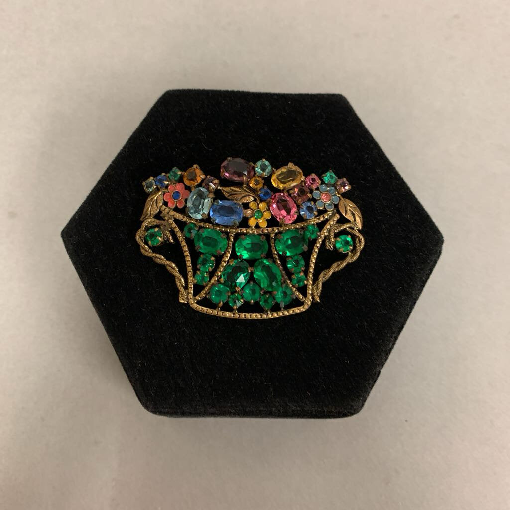 Vintage Czech Crystal Rhinestone Enamel Flower Basket Brooch Pin (2.5