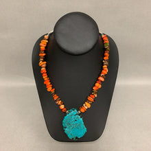 Load image into Gallery viewer, Spiderweb Turquoise Pendant on Coral &amp; Sterling Beaded Necklace (22&quot;)
