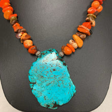Load image into Gallery viewer, Spiderweb Turquoise Pendant on Coral &amp; Sterling Beaded Necklace (22&quot;)
