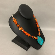 Load image into Gallery viewer, Spiderweb Turquoise Pendant on Coral &amp; Sterling Beaded Necklace (22&quot;)
