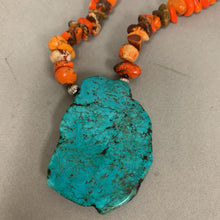 Load image into Gallery viewer, Spiderweb Turquoise Pendant on Coral &amp; Sterling Beaded Necklace (22&quot;)

