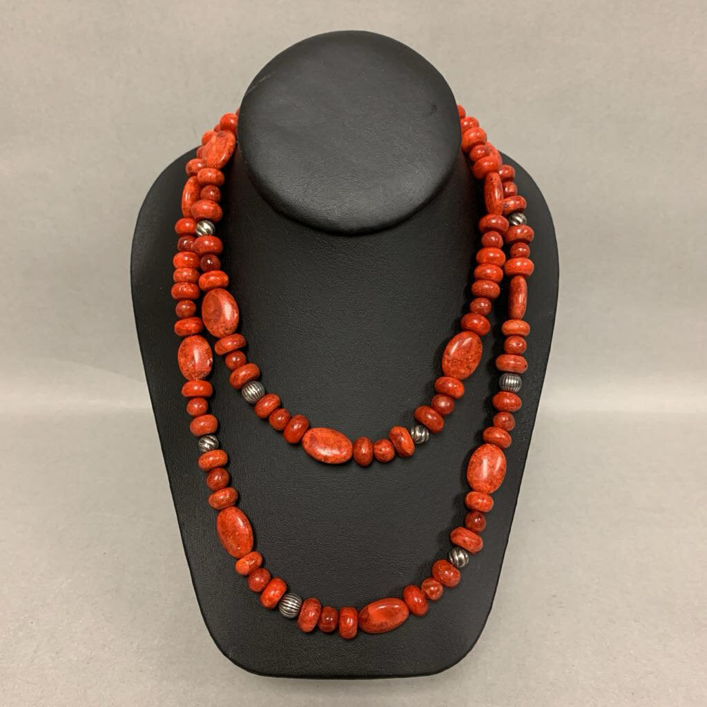 Carolyn Pollack Red Coral Stamped Sterling Beaded Necklace (39