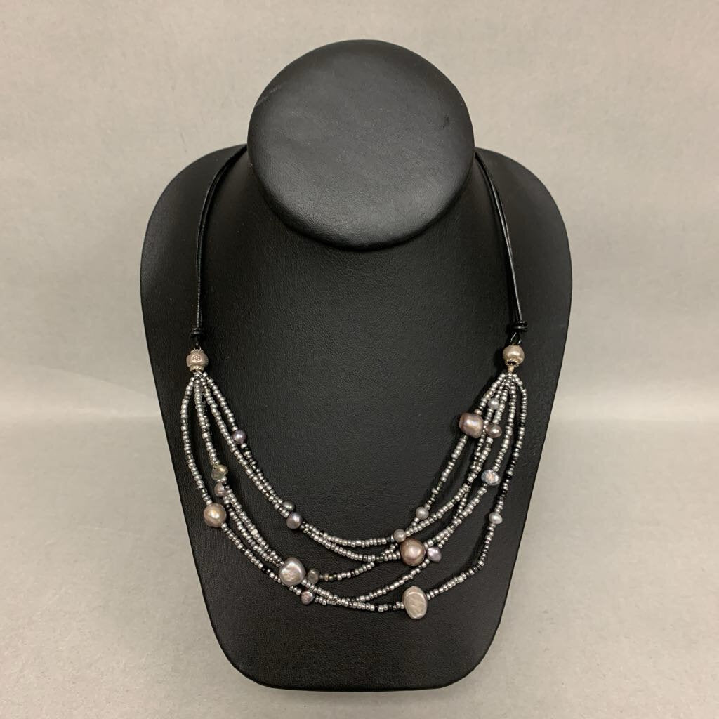 Tica Rosa Gray Pearl Multi Strand Sterling Accent Black Cord