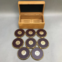 Load image into Gallery viewer, 8pc &quot;N&quot; Brass/Leather Coaster Set In Wooden Box (5x5x9) &quot;9pcs&quot;
