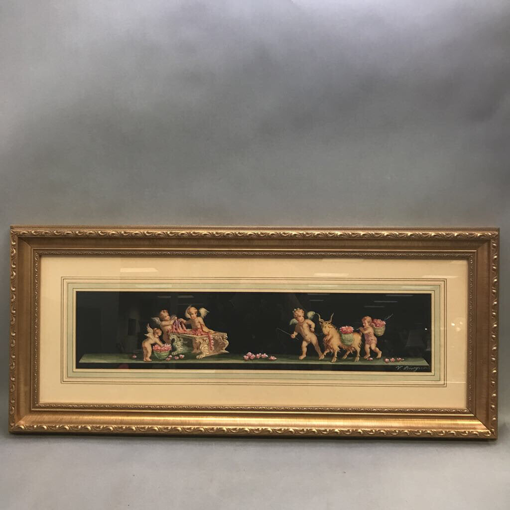 Gold Framed Italian Cherub Babies Water Color by Vincenzo Bisogno (14x32)
