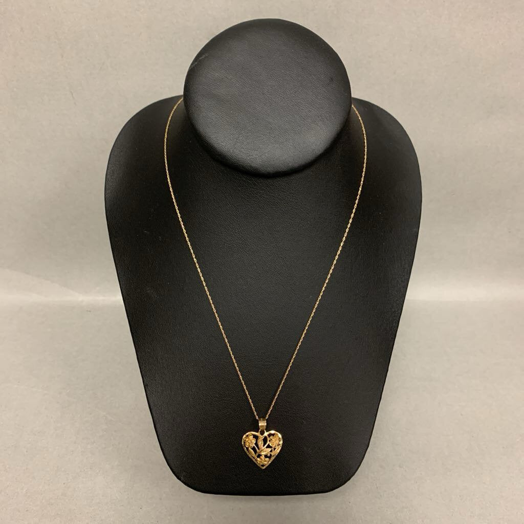 10K Gold Floral Cutout Heart Pendant on 18