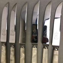 Load image into Gallery viewer, VIntage 6pc Kirk&amp;Matz Pearl Handle Steak Knives (9&quot;)

