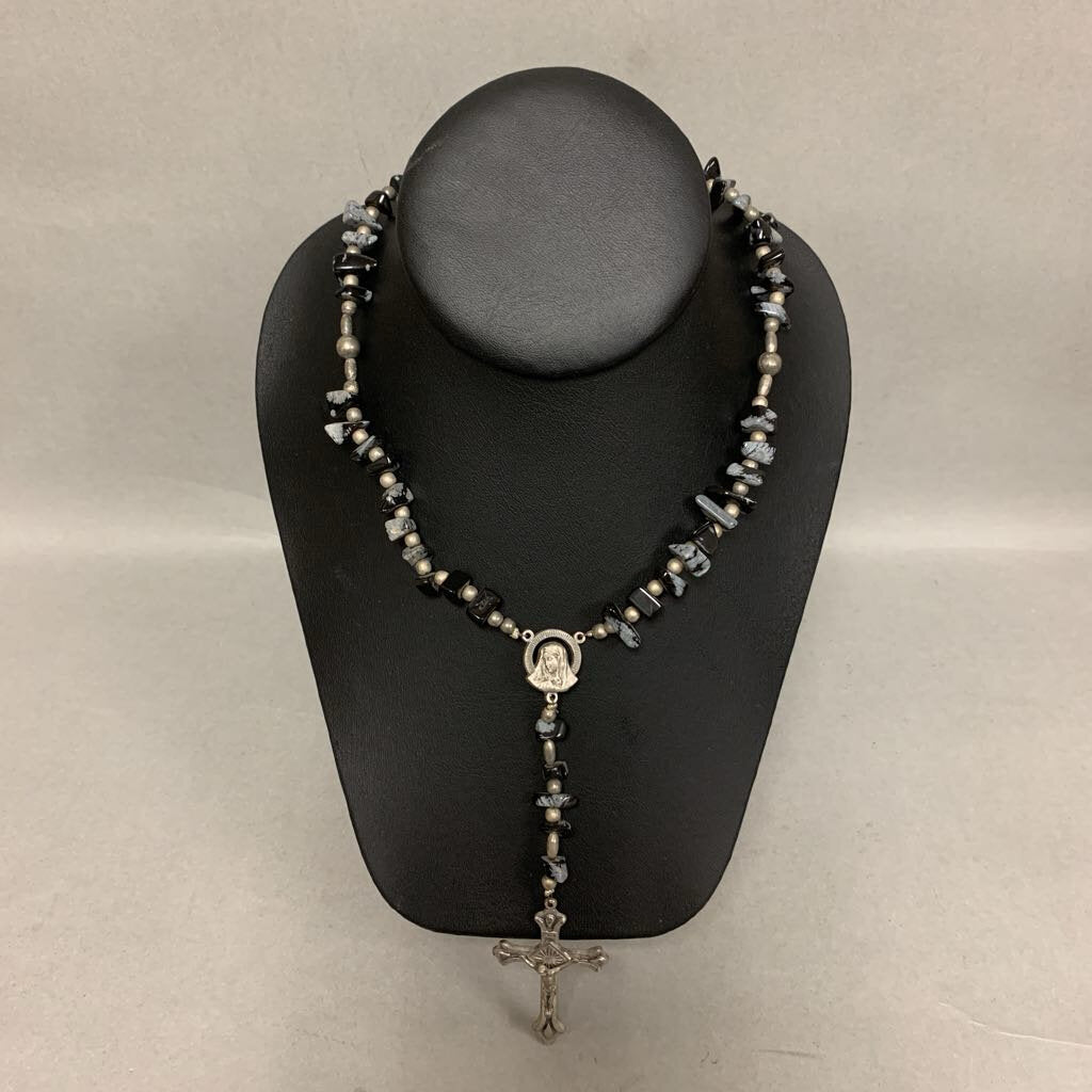 Snowflake Obsidian Chunk Silvertone Beaded Rosary (18