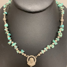 Load image into Gallery viewer, Natural Turquoise Chunk Silvertone Beaded Rosary (18&quot; w/ 5&quot; Drop)
