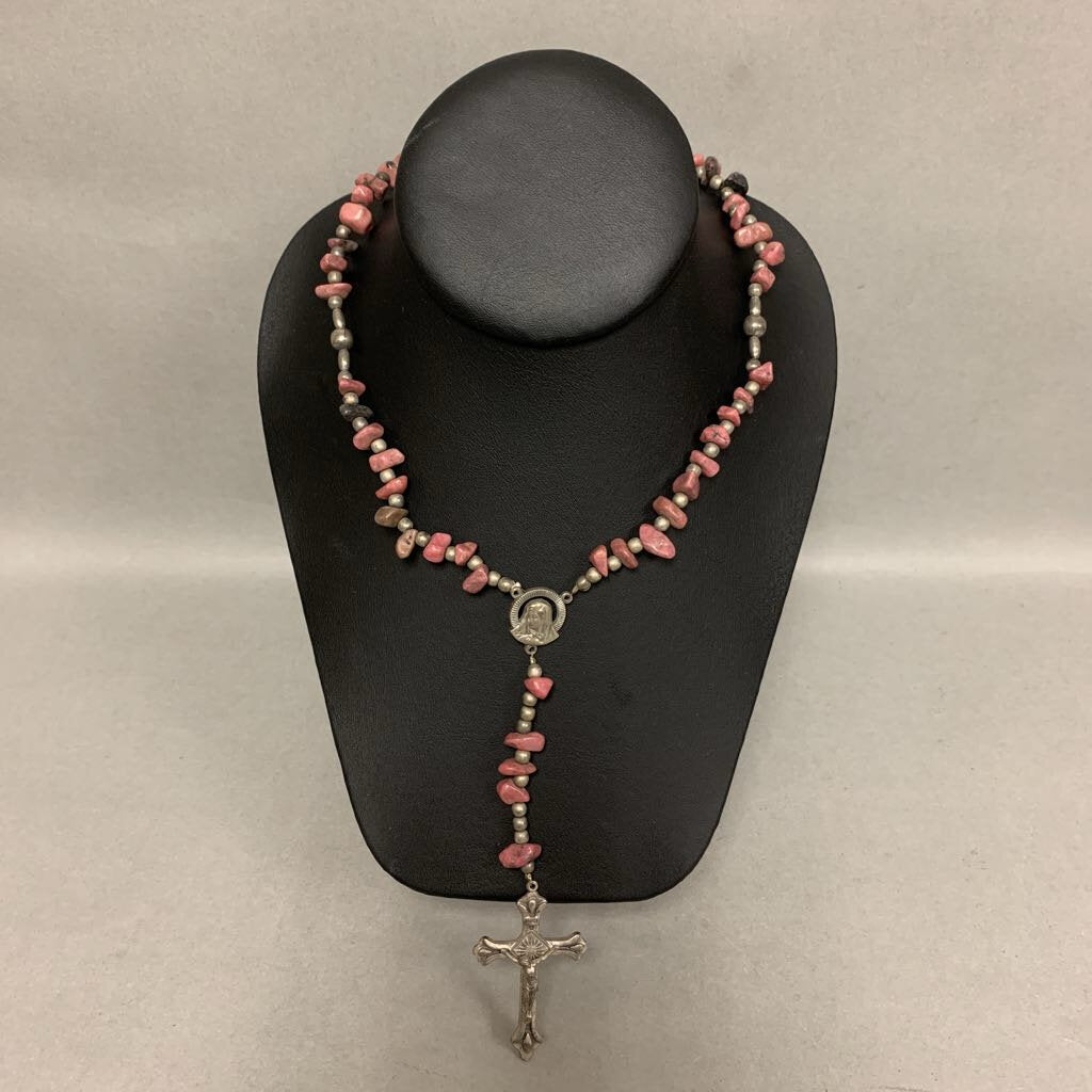 Rhodonite Chunk Silvertone Beaded Rosary (18