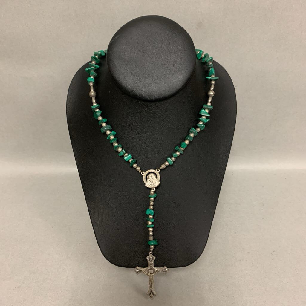 Malachite Chunk Silvertone Beaded Rosary (18