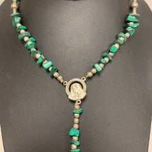 Load image into Gallery viewer, Malachite Chunk Silvertone Beaded Rosary (18&quot; w/ 5&quot; Drop)
