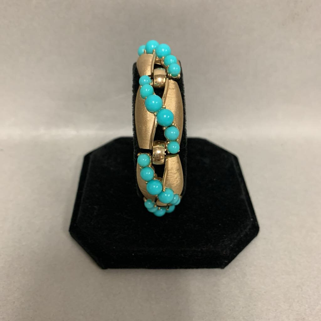 Vintage Trifari Brushed Goldtone Turquoise Cabochon Bracelet Signed (7