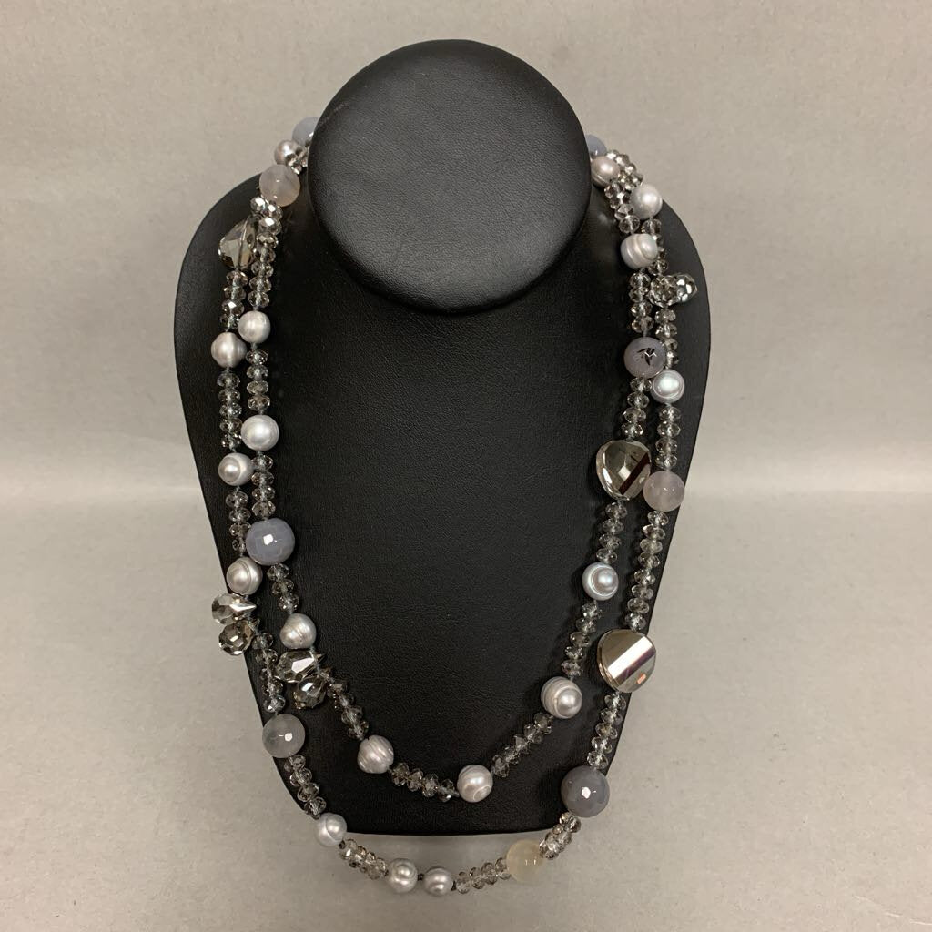 Shades of Gray/Silver Baroque Pearl Crystal Agate Beaded Necklace (52