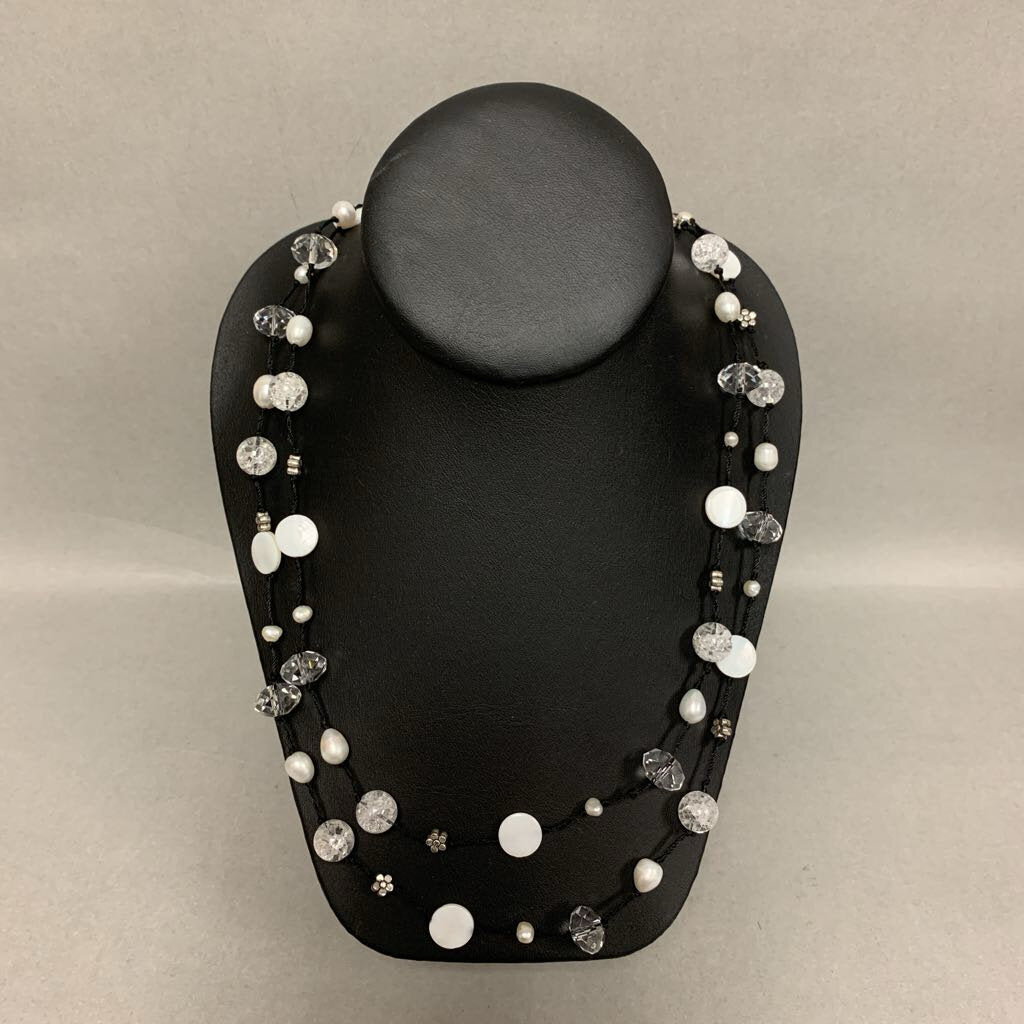 Mother of Pearl Freshwater Pearl Crystal Bead Satellite Necklace on Black Cord (46