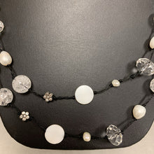 Load image into Gallery viewer, Mother of Pearl Freshwater Pearl Crystal Bead Satellite Necklace on Black Cord (46&quot;)
