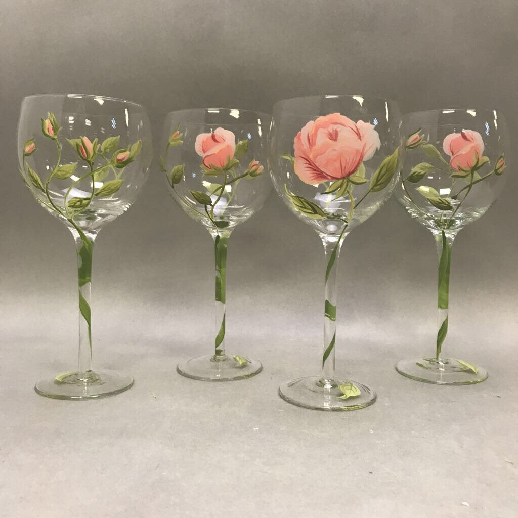 4 Vintage Block Basics Wine Glasses Garden Rose Hand Painted