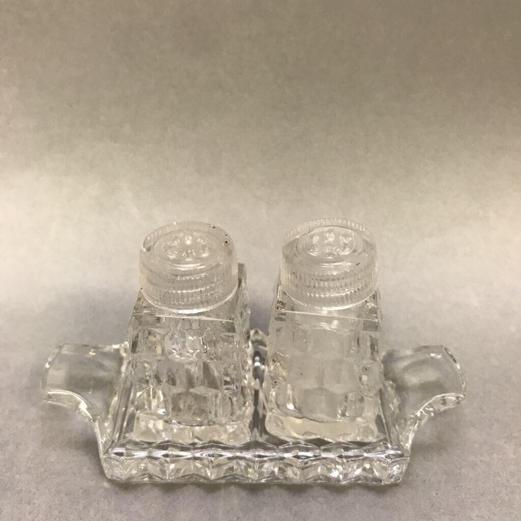 Fostoria American Glass Salt & Pepper Shakers w/ Tray