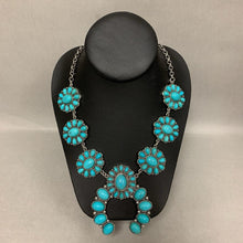Load image into Gallery viewer, Mooncalf Handmade Silvertone Faux Turquoise Squash Blossom Statement Necklace (24")
