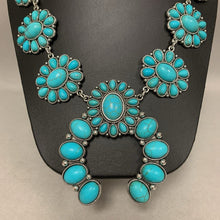 Load image into Gallery viewer, Mooncalf Handmade Silvertone Faux Turquoise Squash Blossom Statement Necklace (24")

