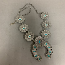 Load image into Gallery viewer, Mooncalf Handmade Silvertone Faux Turquoise Squash Blossom Statement Necklace (24")
