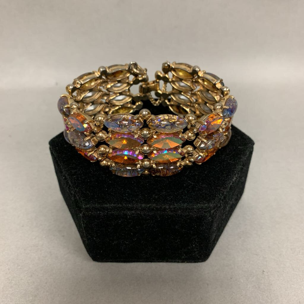 Vintage Gold Aurora Borealis Rhinestone Fire Opal Glass Cabochon Bracelet (7