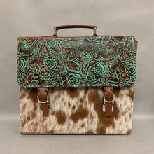 Load image into Gallery viewer, Brown &amp; White Cowhide Turquoise Floral Tooled Leather Briefcase Purse (12x14x4&quot;)
