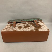 Load image into Gallery viewer, Brown &amp; White Cowhide Turquoise Floral Tooled Leather Briefcase Purse (12x14x4&quot;)
