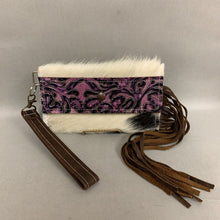 Load image into Gallery viewer, Cowhide Purple Tooled Leather Fringe Wristlet Clutch Purse (5x8.5&quot;)
