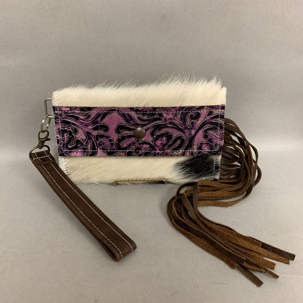 Cowhide Purple Tooled Leather Fringe Wristlet Clutch Purse (5x8.5