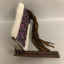 Load image into Gallery viewer, Cowhide Purple Tooled Leather Fringe Wristlet Clutch Purse (5x8.5&quot;)
