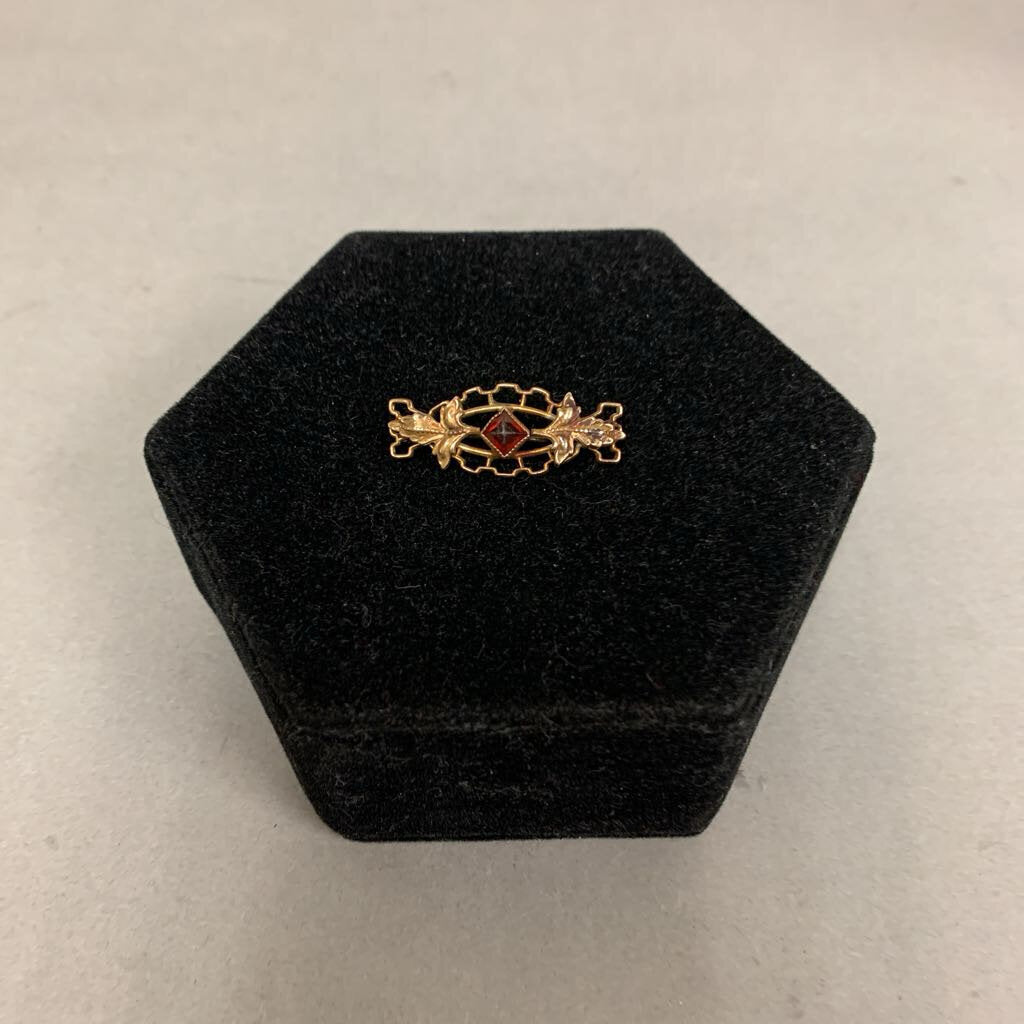 Antique Victorian Gold Filled Filligree Leaf Repousse Red Paste Stone Brooch Pin (1.25