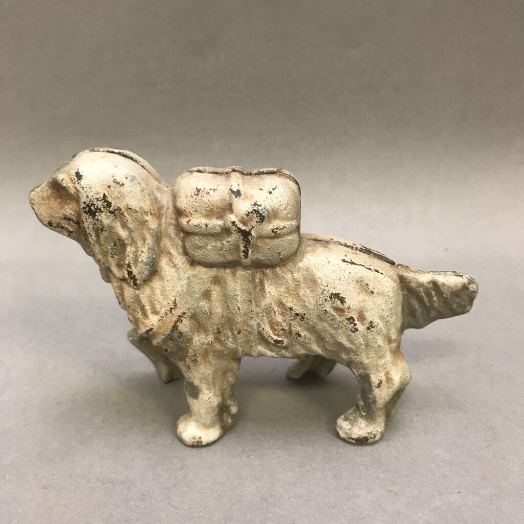 Vintage Old Cast Iron White Newfoundland Dog Bank (3x6)