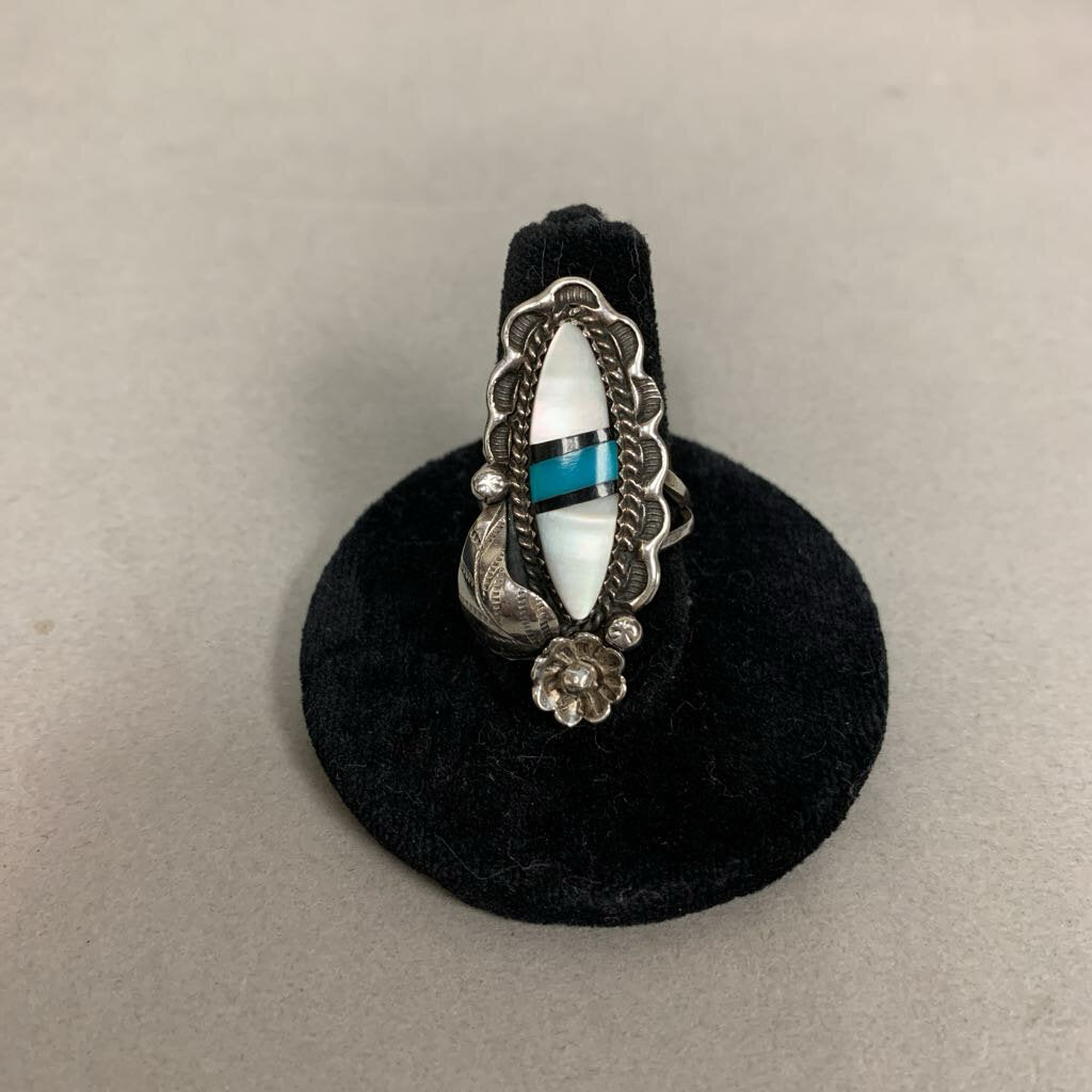 Vintage Sterling Mother of Pearl Turquoise Onyx Inlay Ring sz 5
