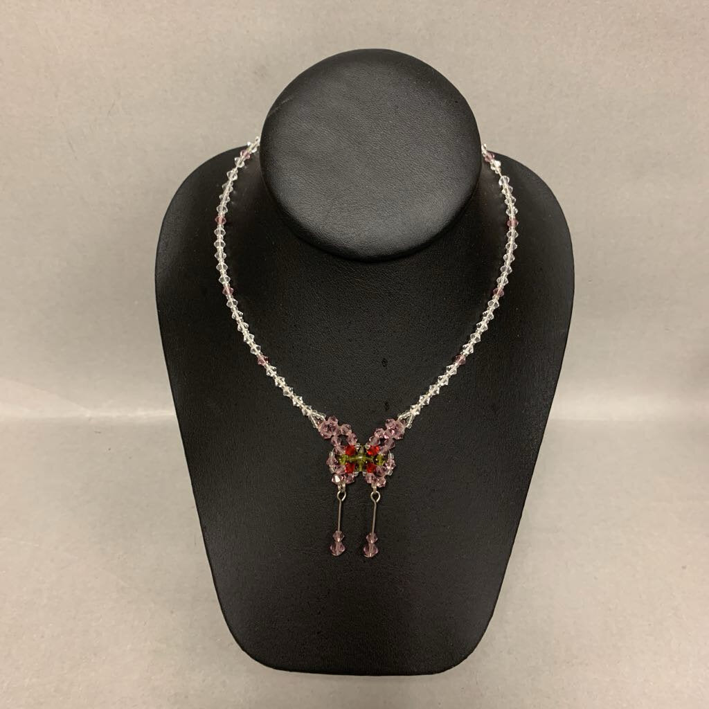 Vintage Czech Glass Beaded Butterfly Necklace (16.5