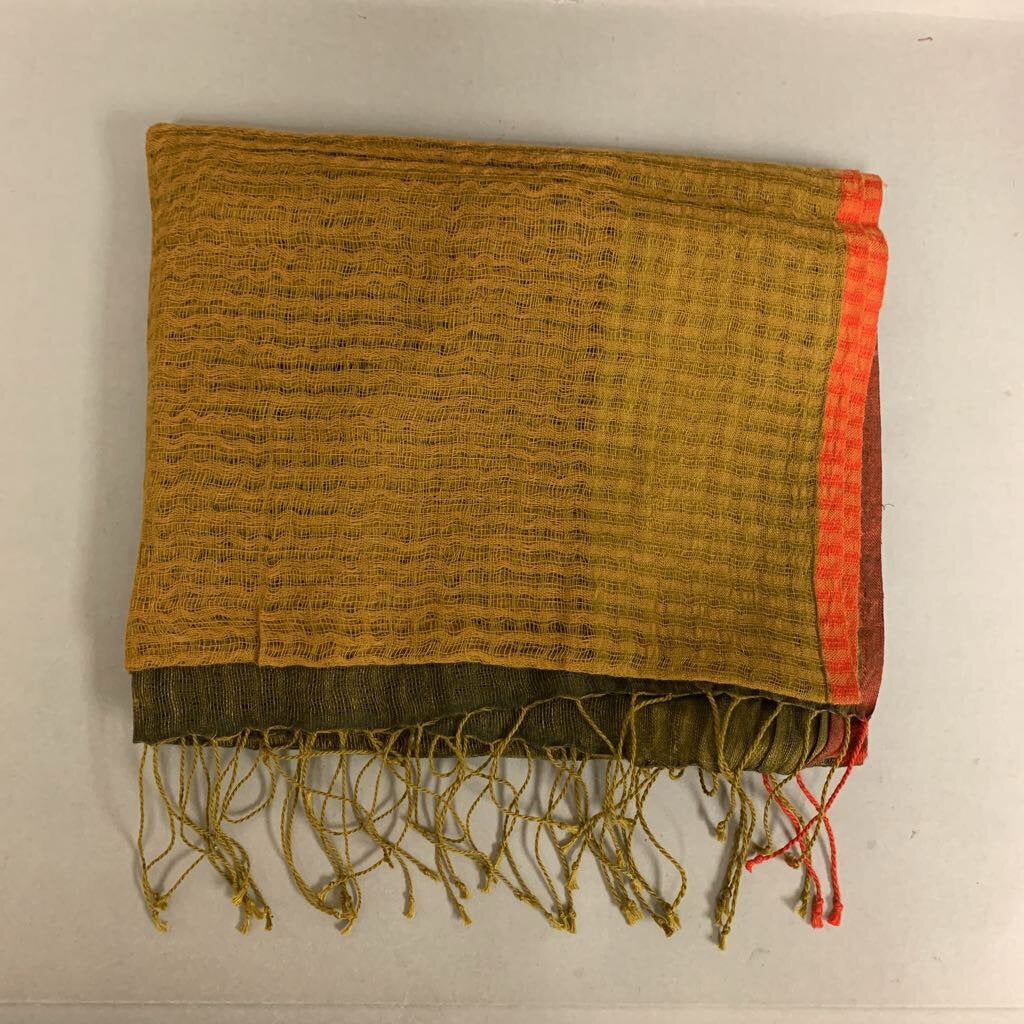 Eileen Fisher Gold Black Red Woven Linen Blend Scarf
