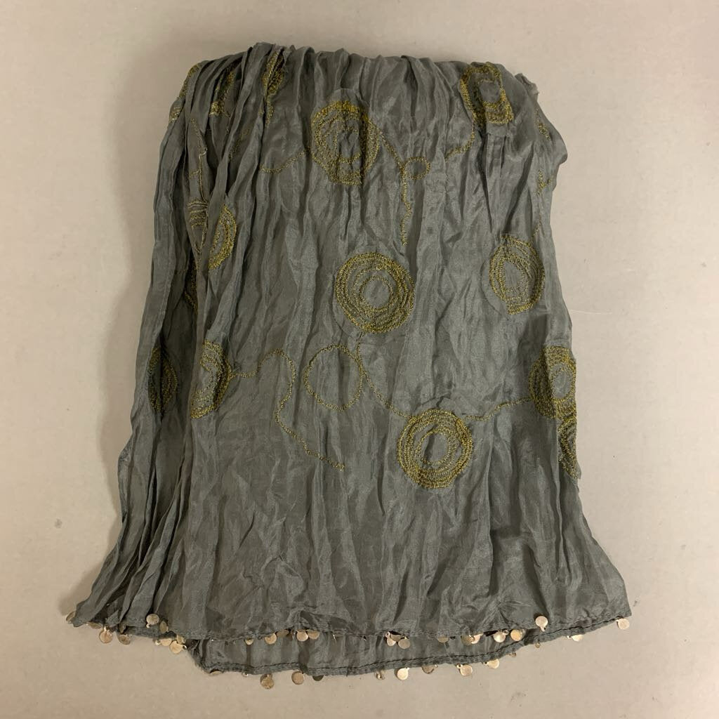 Eileen Fisher Gray Embroidered Silk Charm Fringe Scarf