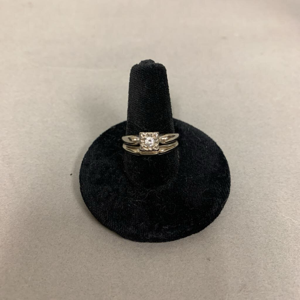 14K White Gold Cubic Zirconia Engagement Wedding Ring Attached Set sz 6 (5.2g)