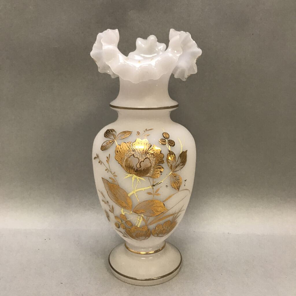 Anntique Hand Blown Bristol Glass Vase with Ruffled Edge (10