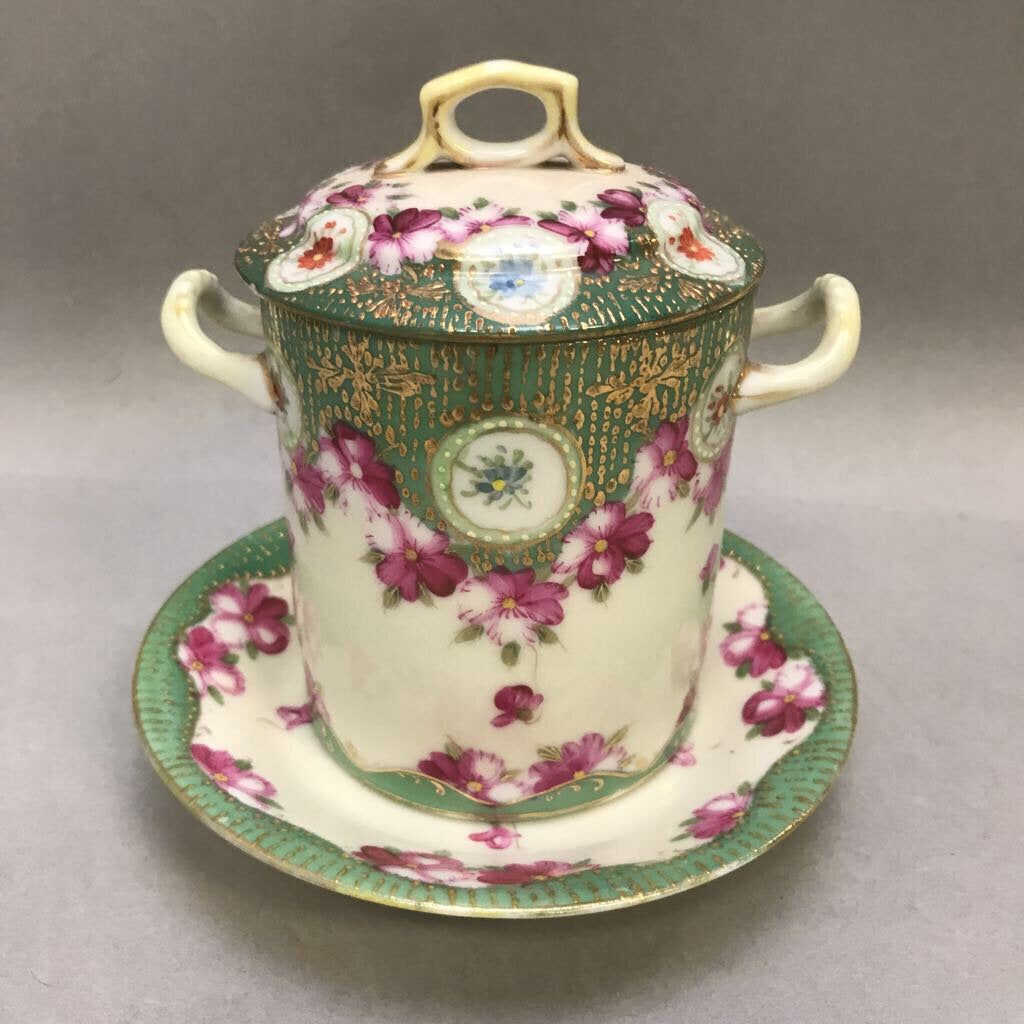 Antique Condensed Milk Container Porcelain Hand Painted Floral with Underplate (4