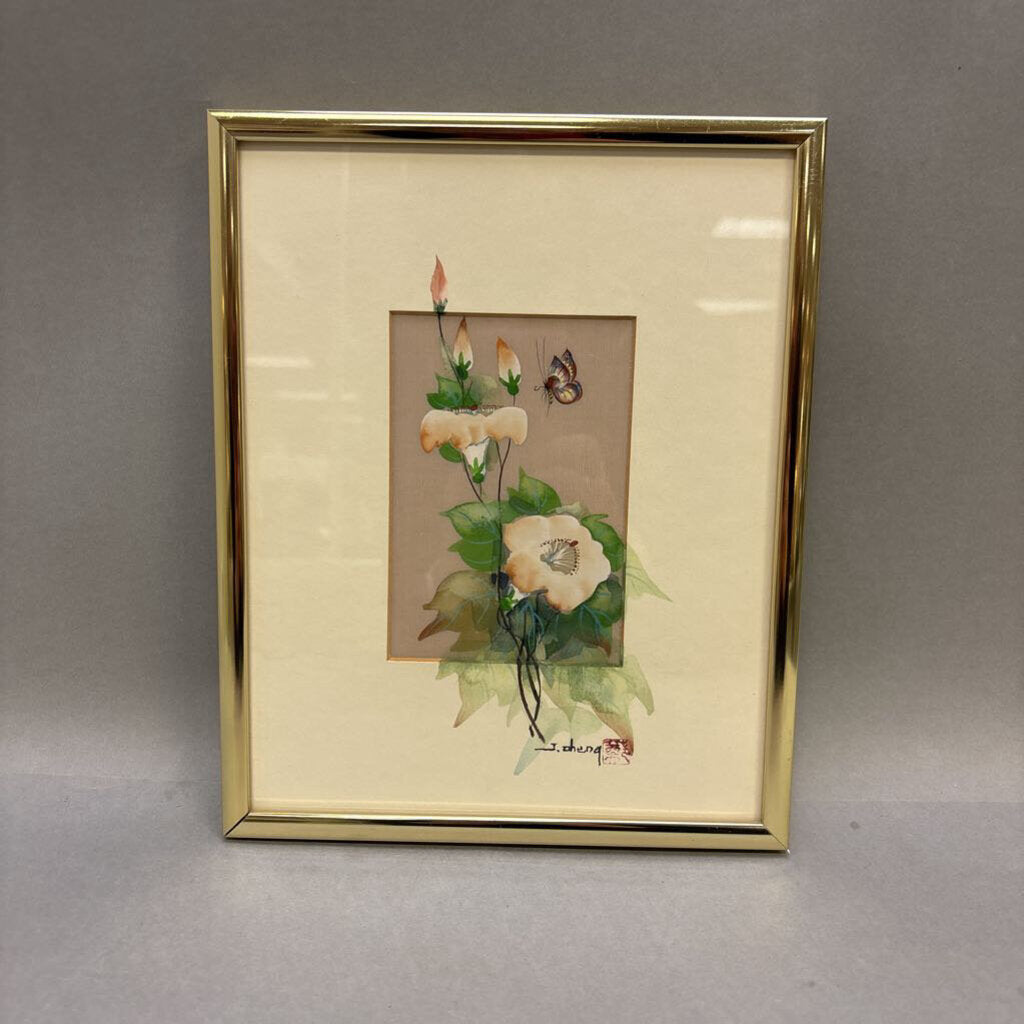 Framed J.Cheng Asian Gouache Watercolor Art (10x9)