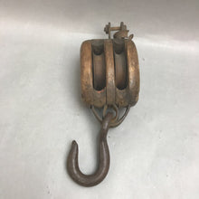Load image into Gallery viewer, Antique Pulley Wooden Snatch Block Double Farm Tool With One Hook. Primitive (10&quot;)
