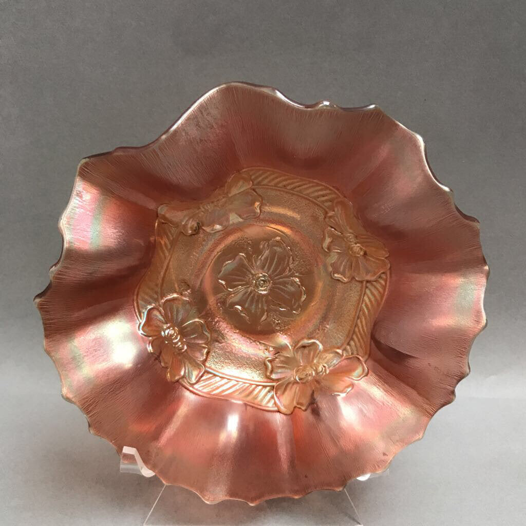 Antique Dugan Carnival Glass Apple Blossoms Bow Peach Ruffle Rim (7