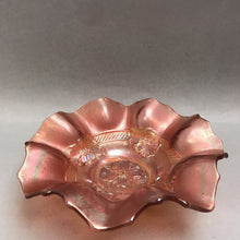 Load image into Gallery viewer, Antique Dugan Carnival Glass Apple Blossoms Bow Peach Ruffle Rim (7&quot;)
