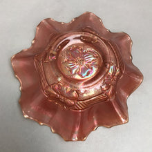 Load image into Gallery viewer, Antique Dugan Carnival Glass Apple Blossoms Bow Peach Ruffle Rim (7&quot;)
